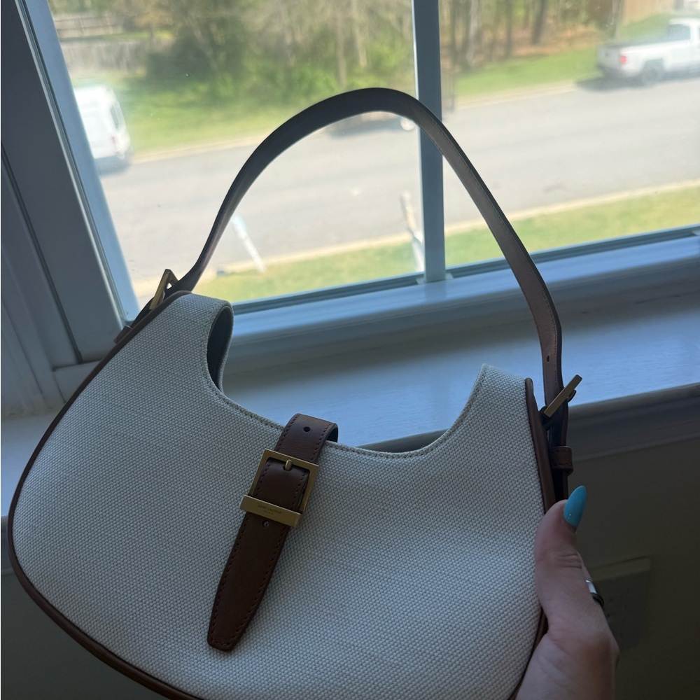 Saint Laurent Cream Canvas Shoulder Hobo with Brown Leather Trim Full Set - Picture 3 of 6